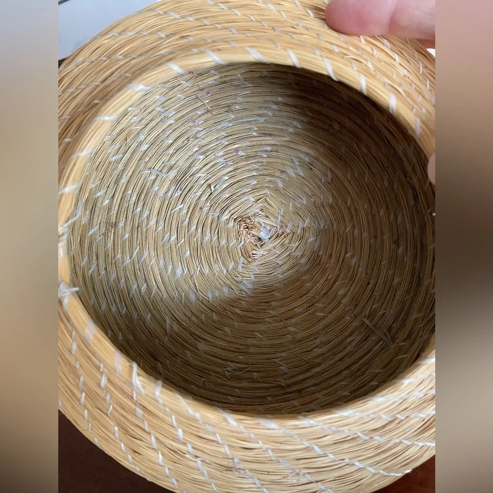 Vintage Coiled Grass Basket with Lid Primitive Rustic Native Tribal Squat Basket